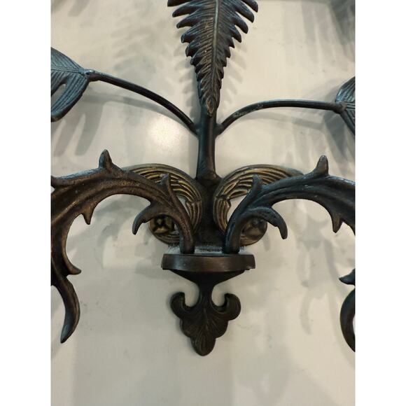 Metal Wall Sconce Decorative Two-Candle Holder Iron Leaf Ornate French Regency - Picture 5 of 9